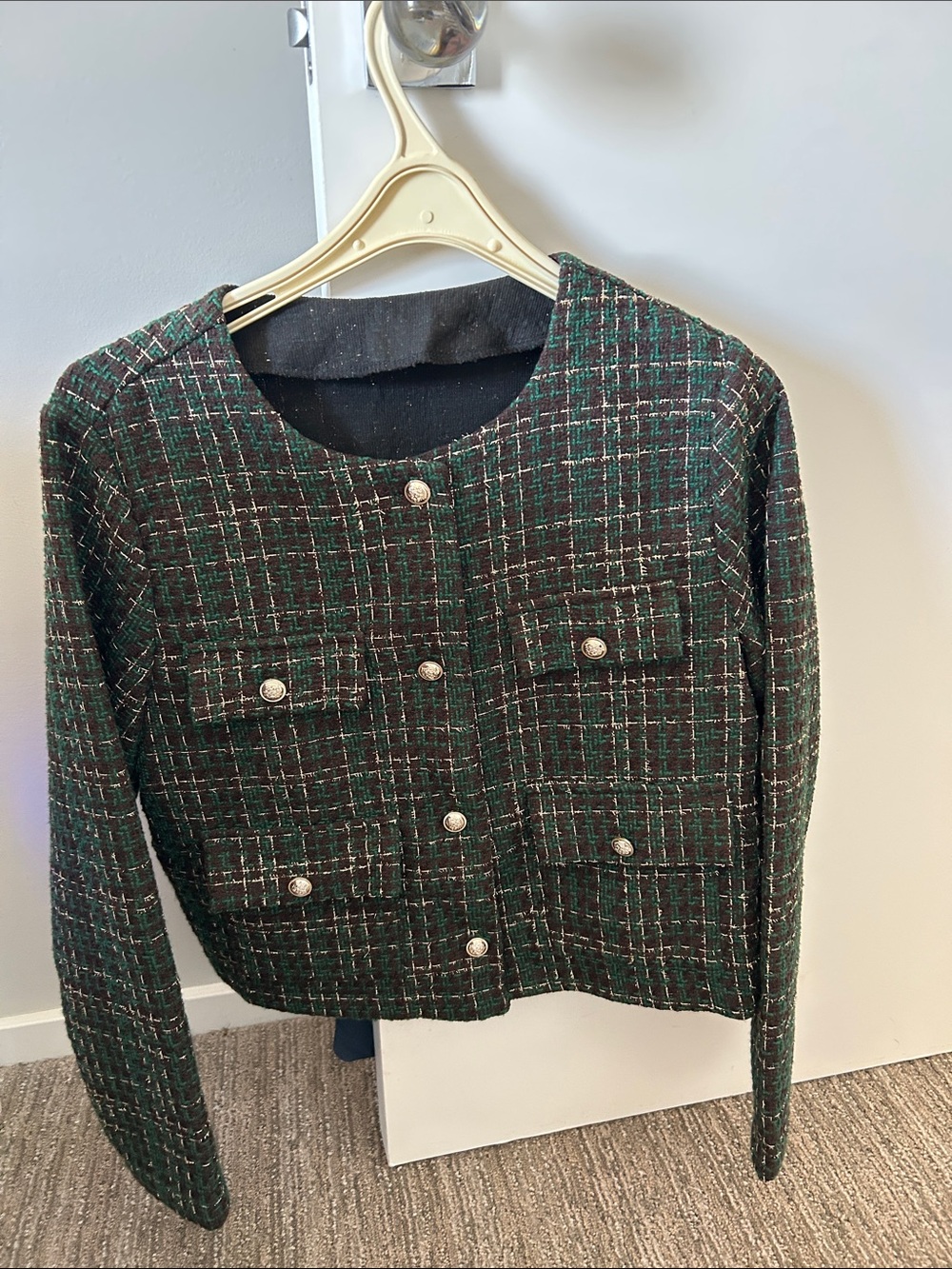 Green Plaid Tweed Button-Front Jacket